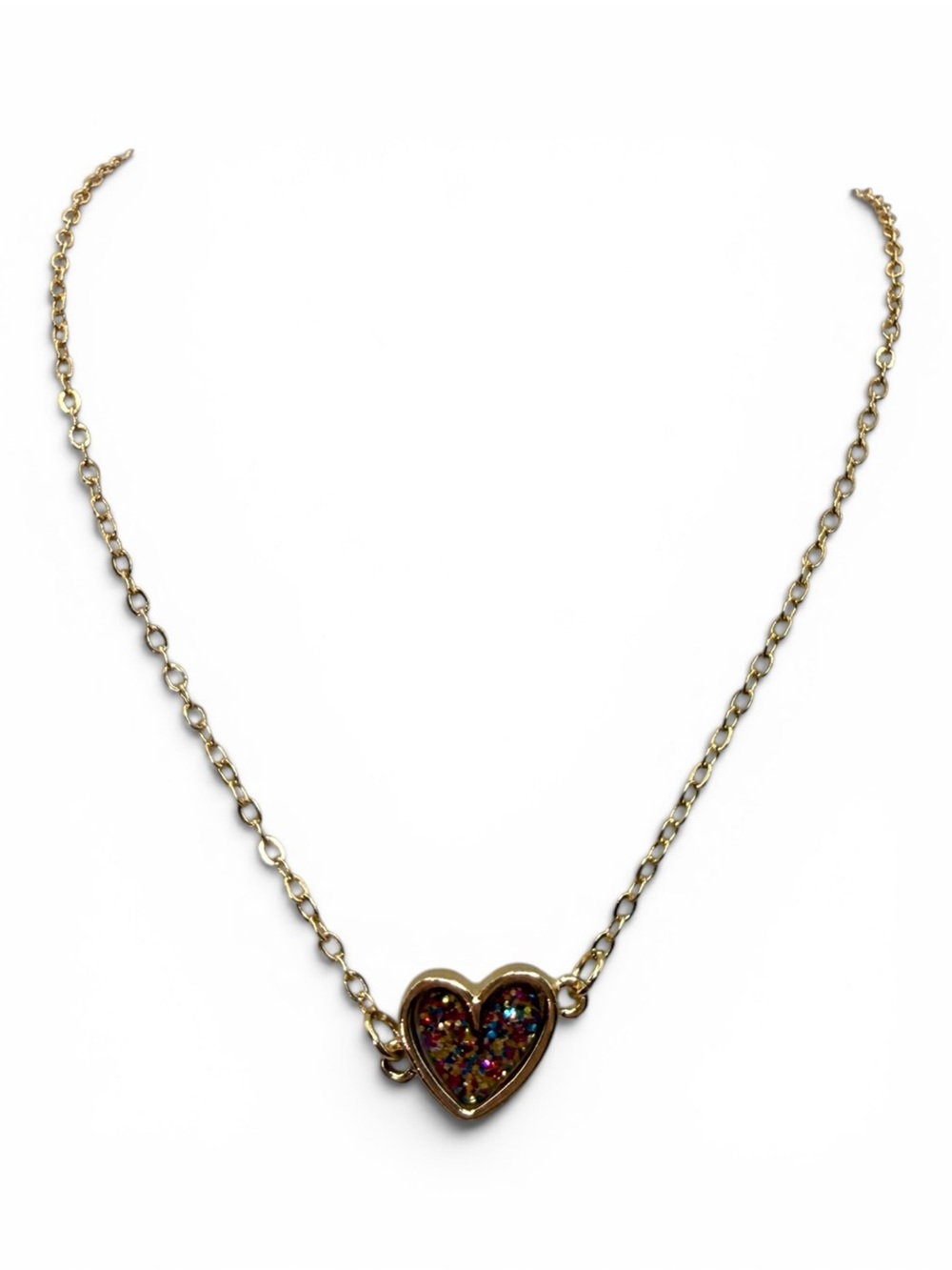 Gold Heart Pendant Necklace with Multicolor Glitter Inlay